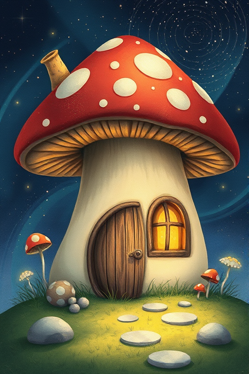 this photo is illustration of a mushroom house with a door and a window, a storybook , fantasy art, mushroom house, bg starry sky, sparkles