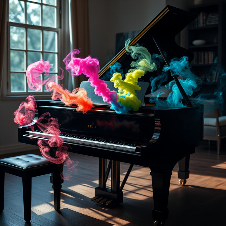 A grand piano with colorful smoke and clouds emerging from the keys, shot at 50mm f/1.8 aperture, ISO 200, soft natural light streaming through a window, using a DSLR camera with a high dynamic range setting to enhance vivid colors and details.