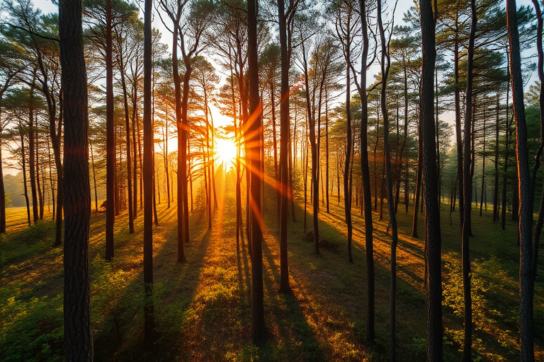high-resolution image of a tranquil forest scene during sunrise with soft rays of light filtering through the trees, shallow depth of field, f/2.8 aperture, ISO 100, 50mm lens, taken with a DSLR camera, overhead view, vibrant colors and rich details