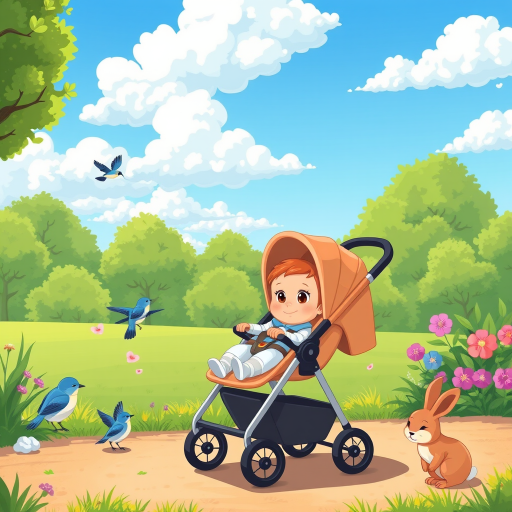 Generate a cartoon-style illustration of a baby in a stroller in a lush green park, with bluebirds and a rabbit nearby, bright blue sky with fluffy white clouds, using a digital art style, camera settings ISO 100, f/5.6, shutter speed 1/200, top view angle for a dynamic composition.
