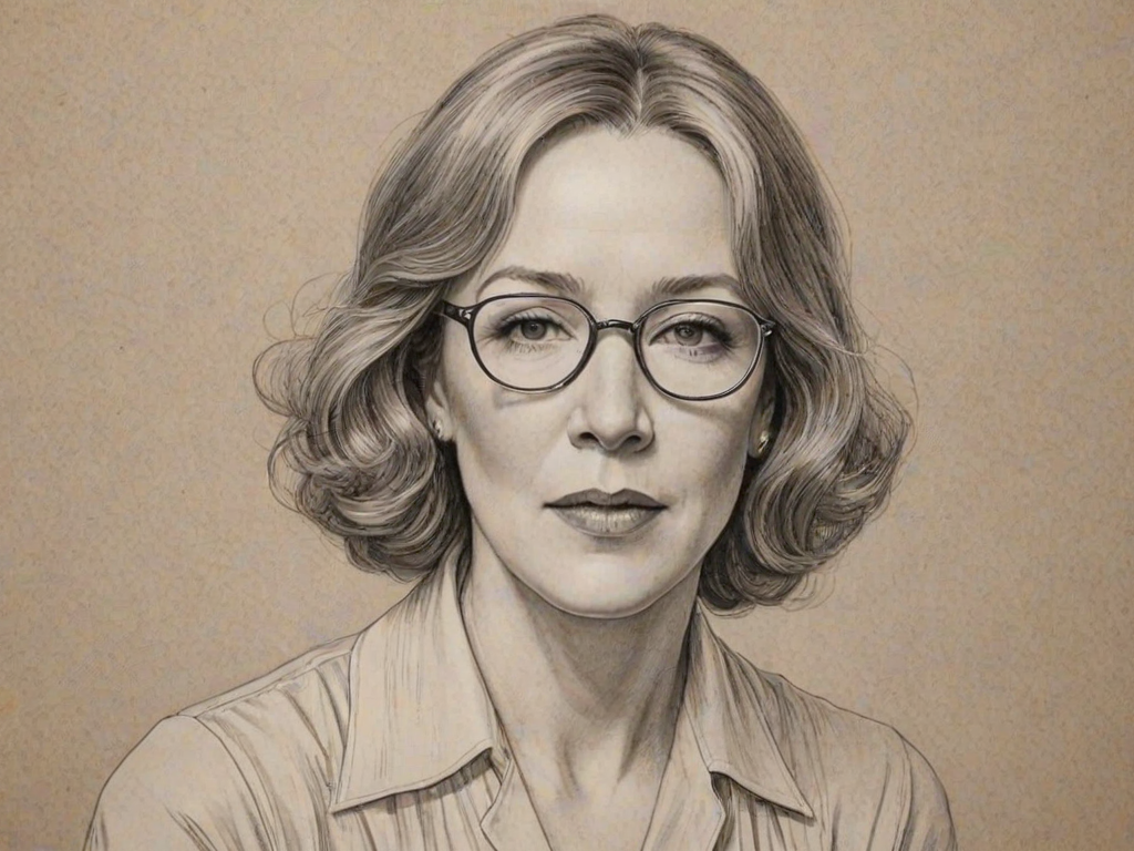 Appealing Catherine O'Hara, pencil sketch, portrait of Wonderful woman 1924s in glasses, hair style beatnik, outline, clear lines, fine lines, 8k