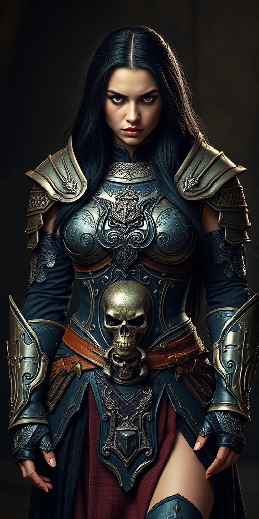 Create a photo of a fierce female warrior with long black hair, wearing an ornate, metallic armor. The armor includes a breastplate with intricate designs, shoulder guards, and gauntlets. The breastplate is decorated with a central emblem, possibly representing a mythical symbol, and has a sculpted, form-fitting design. She wears a belt with a large skull ornament at the center, and her armor extends into a partial skirt, revealing one leg. The overall look is both protective and stylish, with a dark, gothic aesthetic. The background is dimly lit, suggesting a medieval or fantasy setting, enhancing the warrior's imposing presence and intense expression.