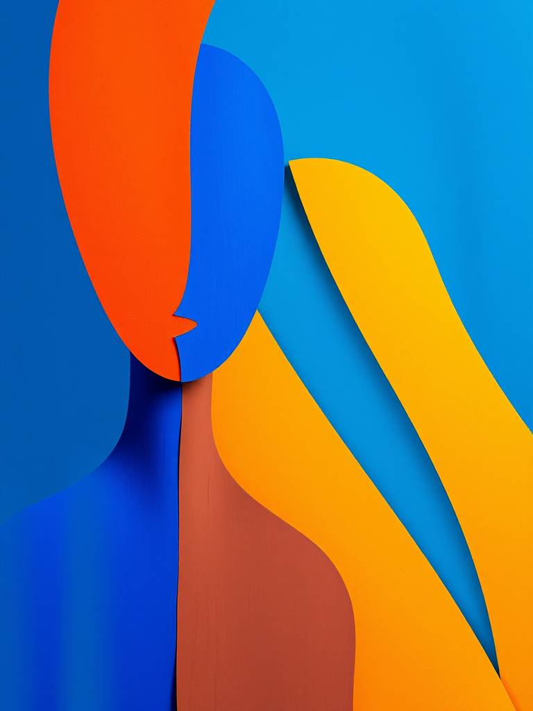 Regenerate an abstract image of two stylized figures with a dominant blue color scheme, using a Canon EOS R5 camera, 50mm lens, f/1.8 aperture, ISO 100, shot from a frontal view with high dynamic range to enhance color vibrancy and detail.
