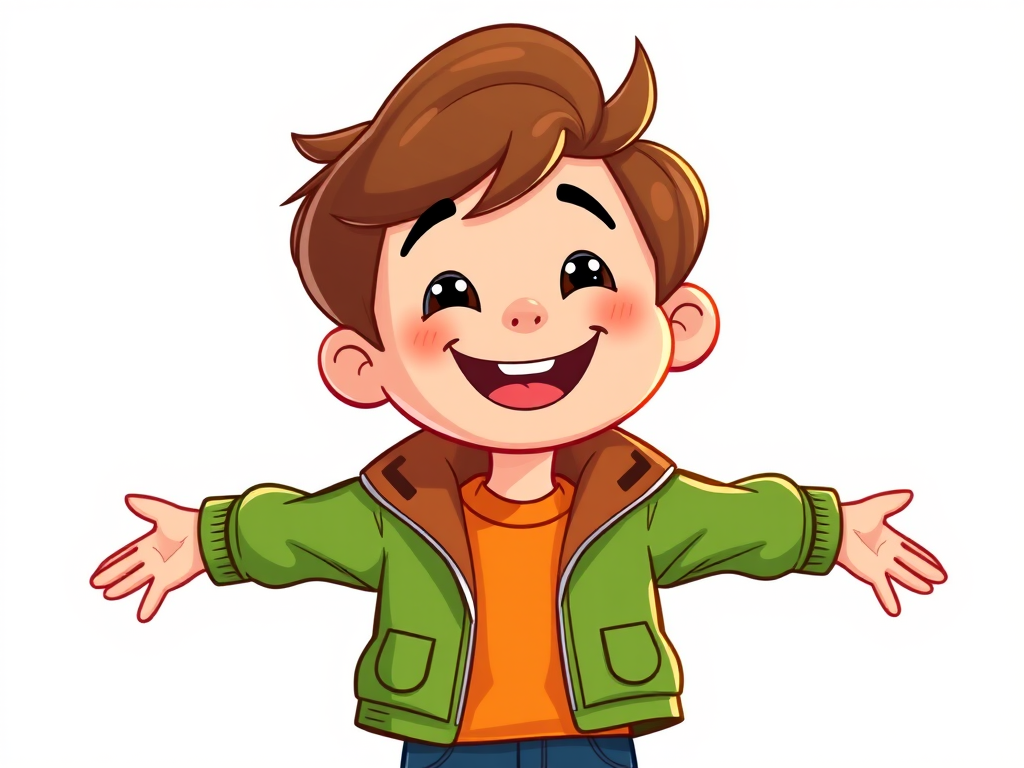 Create a vibrant vector illustration of a cheerful cartoon boy with brown hair, wearing a green jacket and orange shirt, standing with arms open, shot with a Canon EOS 5D Mark IV at f/2.8, ISO 100, 50mm lens in a colorful and playful style.
