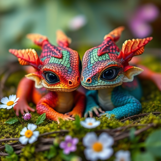 Close-up shot of two colorful baby dragons with intricate scale patterns and vibrant features resting in a mossy nest surrounded by flowers, shallow depth of field, f/2.8 aperture, ISO 100, 85mm lens, soft natural lighting, taken with a DSLR camera.