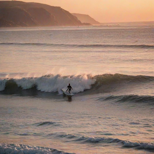Blurry action shot of a surfer riding a massive wave at sunrise, the water's surface catching soft pink and orange reflections from the sky, with distant seagulls flying in the background.