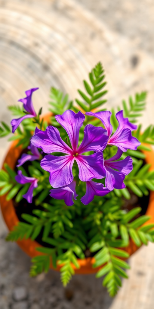 Create a high-resolution image of a vibrant purple flower plant in a terracotta pot, shot from a top-down angle with natural lighting, using a DSLR camera, aperture f/4, ISO 100, 50mm lens.