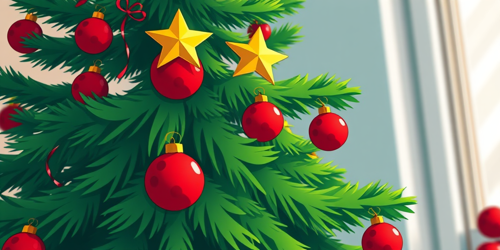 Generate a vibrant cartoon-style Christmas tree adorned with red ornaments and a golden star on top, captured with a Canon EOS R5, 50mm lens, f/1.8 aperture, ISO 100, shot in natural light from a low angle to enhance depth.