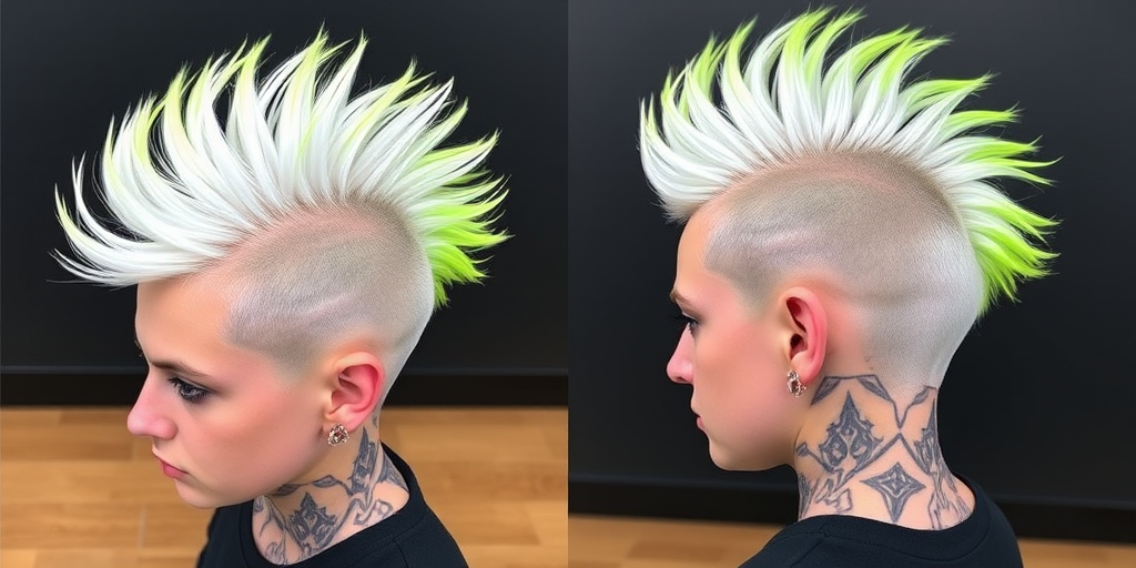 Edgy platinum blonde mohawk with neon green tips, styled by Spike Voltage, featuring a high-contrast look with shaved sides adorned with intricate geometric patterns