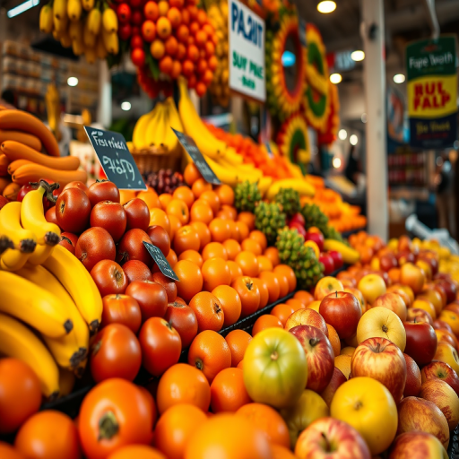 High-resolution close-up shot of a vibrant fruit market display featuring various fruits like bananas, oranges, and apples, taken with a DSLR camera at f/2.8 aperture, ISO 200, 50mm lens, natural lighting for enhanced colors and sharpness.