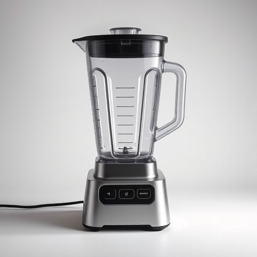 Create a high-resolution, minimalist graphic of a blender with a sleek design, using a 50mm lens, f/2.8 aperture, ISO 100, and a studio lighting setup to enhance details and colors.