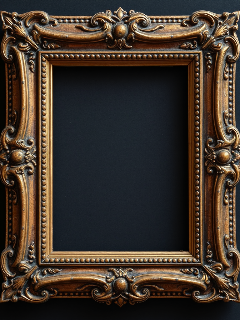 Capture a high-resolution image of a vintage ornate picture frame on a dark background, using a DSLR camera with a 50mm f/1.8 lens, aperture set to f/2.8, ISO 200, shutter speed 1/125s, with soft diffused lighting to enhance texture and details.