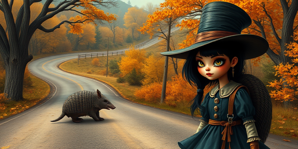 digital art fantasy depicting a strange girl with black hair, long eyelashes, orange lipstick and a tall hat walking along a winding road on an autumn afternoon, an armadillo smiles as he passes
