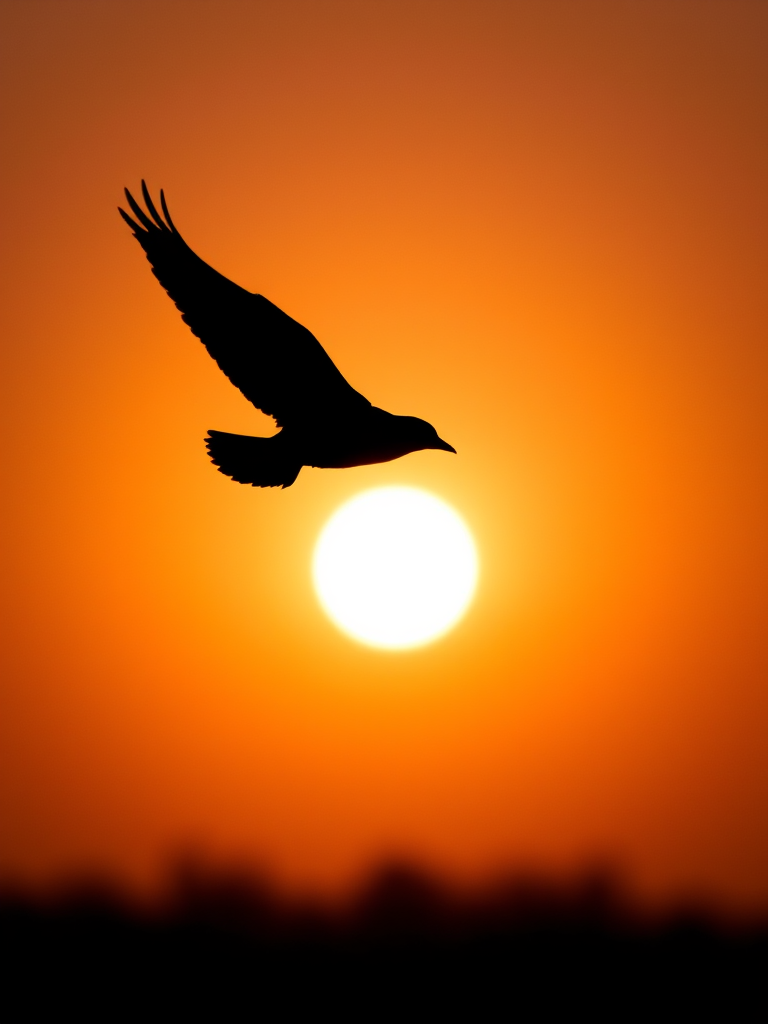 Create a high-resolution image of a stylized silhouette of a bird in flight against a gradient sunset background, using a DSLR camera with a 50mm lens, aperture set to f/1.8, ISO 100, and a shutter speed of 1/200s, capturing a wide-angle view with natural lighting.