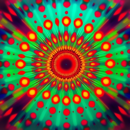 create an abstract image with vibrant colors and sharp contrasts, featuring a central band of turquoise with radiating patterns of red and yellow dots, use a high-resolution digital camera, f/8 aperture, ISO 100, 24mm lens, and a long exposure to enhance detail and depth