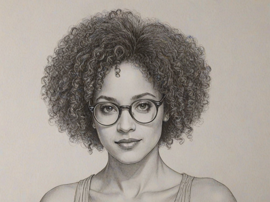 Sublime Karyn Parsons, pencil sketch, portrait of Graceful woman 1974s in glasses, hair style beatnik, outline, clear lines, fine lines, 8k