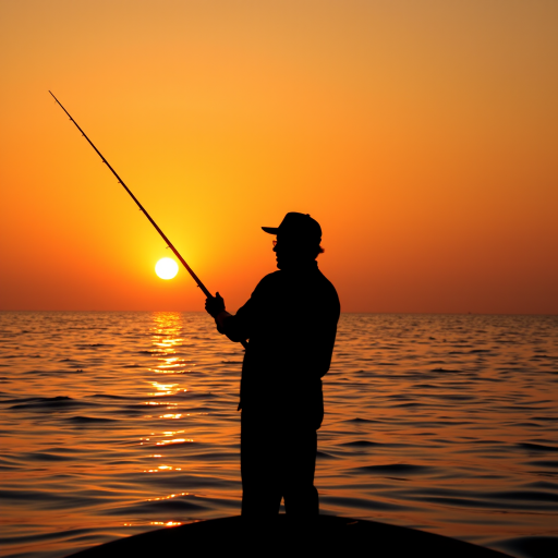 silhouette of a fisherman in a golden sunset over calm water, ISO 200, f/8, 1/500s, 50mm lens, portrait orientation, DSLR camera, soft focus effect to enhance warm tones and reflections