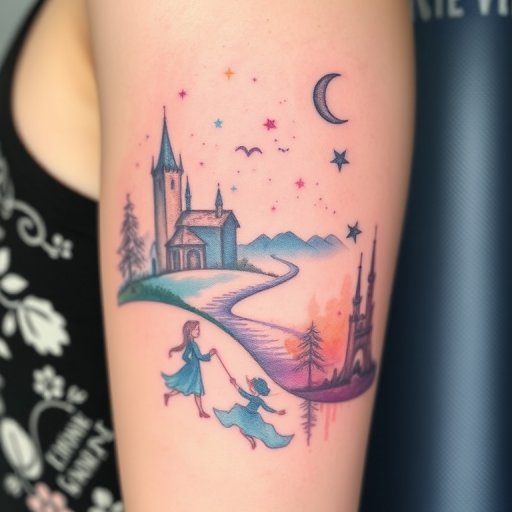 Enchanting watercolor fairy tale tattoo titled "Once Upon a Dream" depicting scenes from beloved stories in a soft, ethereal style. Dreamy washes of color blend seamlessly, creating magical landscapes and whimsical characters. Delicate linework adds definition to key elements, bringing the fantastical world to life on the skin.