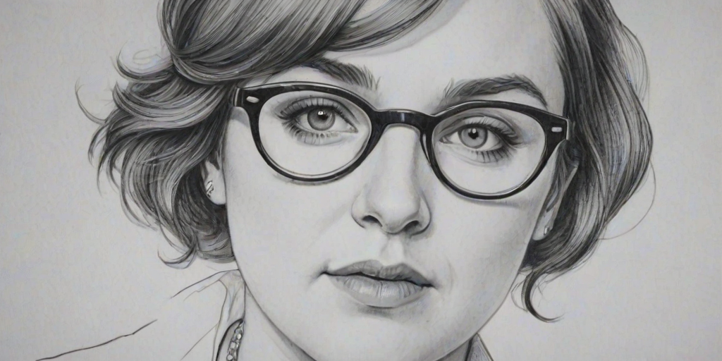 Superb Lena Dunham, pencil sketch, portrait of Ravishing woman 1926s in glasses, hair style beatnik, outline, clear lines, fine lines, 8k