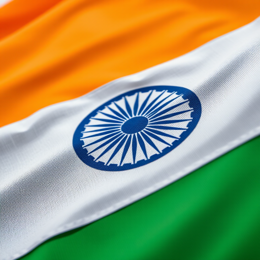Create a high-resolution image of the Indian flag with intricate details, using a DSLR camera set to f/8 aperture, 1/125 sec shutter speed, ISO 100, with a focus on fabric texture, taken from a slightly elevated angle for depth.