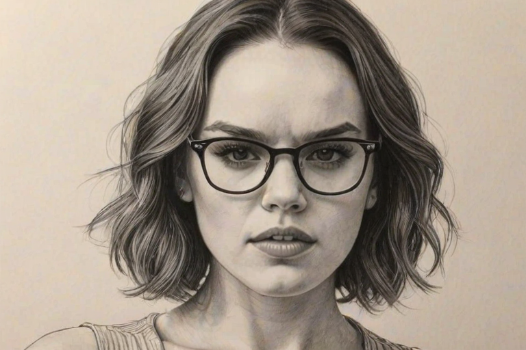 Exquisite Daisy Ridley, pencil sketch, portrait of Alluring woman 1978s in glasses, hair style beatnik, outline, clear lines, fine lines, 8k