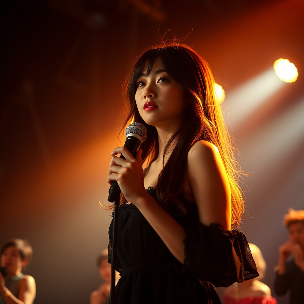 A young japanese woman with long, flowing brown hair is standing in the center of the frame, holding a microphone in her right hand, and looking slightly off to the right side of the frame. She is wearing a black, off-the-shoulder dress with delicate lace detailing. The lighting is warm and dramatic, creating a spotlight effect on the singer. There are other figures in the background, blurred and out of focus, suggesting a concert or performance setting. The camera angle is low, capturing the woman from the waist up. The overall atmosphere is intimate and captivating.