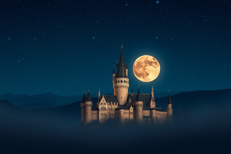 Generate a castle surrounded by a misty landscape under a starry night sky with a large glowing moon in the background, using a DSLR camera, 35mm lens, f/8 aperture, ISO 100, and a long exposure to capture smooth gradients in the sky.