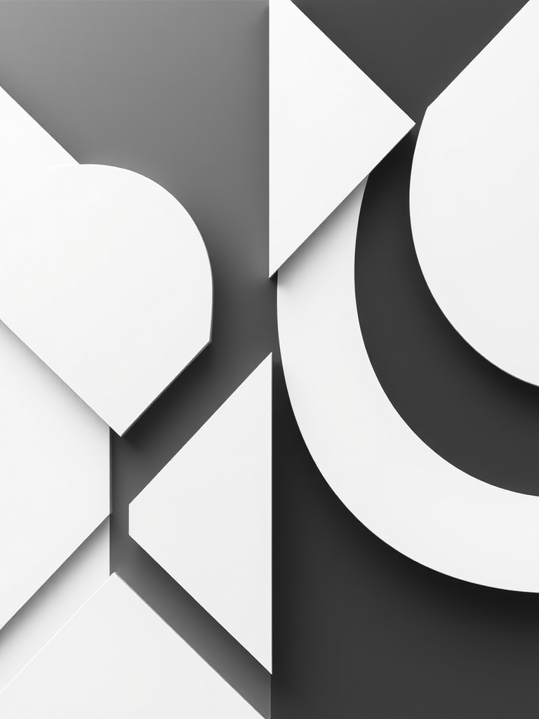 Create an abstract minimalist design featuring geometric shapes with a monochrome color palette, using a DSLR camera with a 50mm lens, aperture at f/2.8, ISO 100, shot from a top-down view for enhanced depth and clarity.