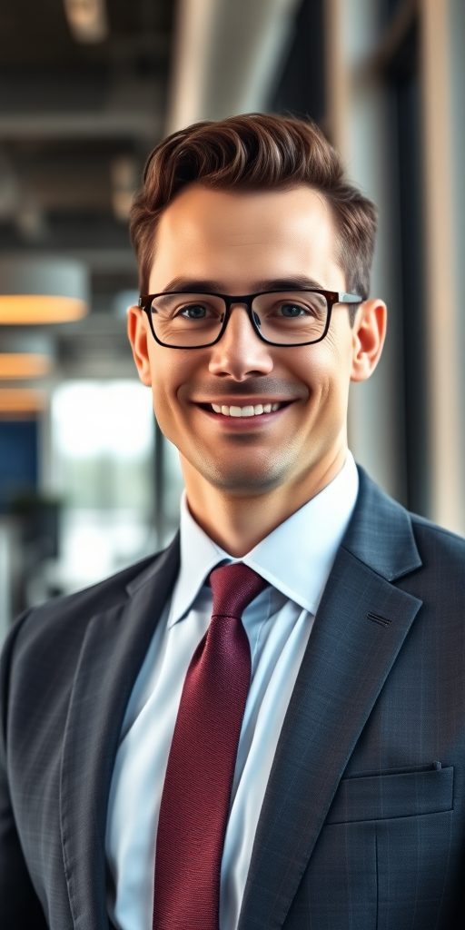 portrait of a confident businessman in a modern office setting, soft natural lighting, shallow depth of field, 50mm f/1.8 lens, ISO 200, aperture f/2.8, shutter speed 1/125s, taken with a full-frame DSLR camera, focus on subject with blurred background.