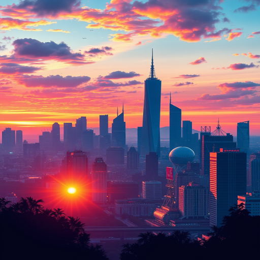 Create a detailed vector illustration of a futuristic city skyline during sunset with vibrant colors, using a Canon EOS R5 camera, ISO 100, aperture f/8, shutter speed 1/200 sec, wide angle view, in a digital art style.