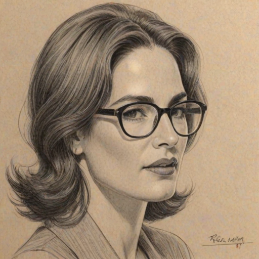 Resplendent Kim Delaney, pencil sketch, portrait of Ravishing woman 1931s in glasses, hair style beatnik, outline, clear lines, fine lines, 8k