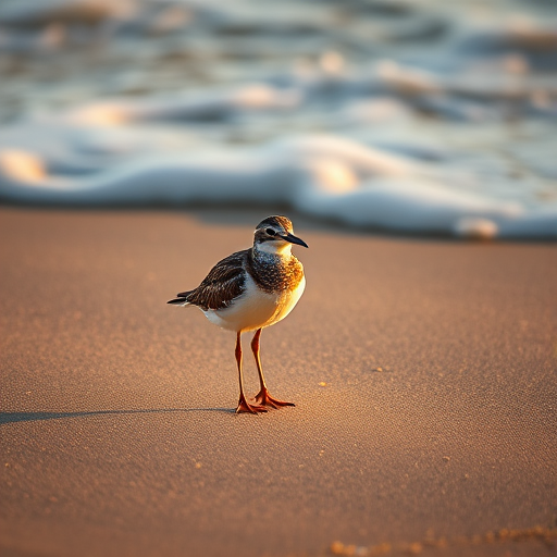 Capture a close-up of a shorebird standing alone on a sandy beach with gentle waves and foam in the background, using a Nikon D850 camera with a 200mm lens, aperture set to f/4, ISO 200, and a shutter speed of 1/1000 seconds, in soft natural light during the golden hour for enhanced clarity and detail.