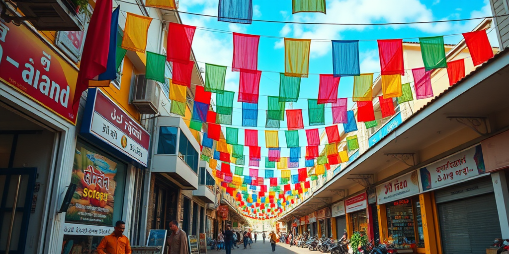 Create a vibrant street scene during the day with colorful flags overhead, incorporating shops and pedestrians, using a Canon EOS R5 with a 24mm f/1.4 lens, ISO 200, aperture f/8, shutter speed 1/250 sec, shot from a low angle to capture the depth of the street and the sky.