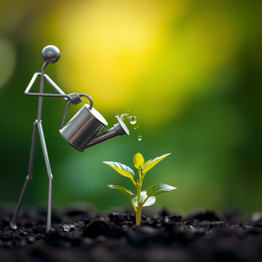 A metal figurine of a person, constructed from thin, silver rods, stands on the left side of the image, facing the viewer. The figurine is holding a small watering can and pouring water onto a young plant, with a few droplets in the air. The plant, with lush green leaves, is situated in the center, growing from dark soil. The background is a soft, out-of-focus blur of green, illuminated by warm, natural light.  The composition creates a sense of depth and intimacy. The image evokes feelings of growth, nurture, and hope.