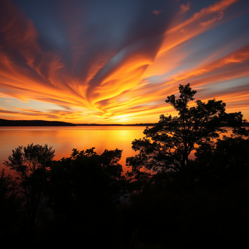 generate a scenic sunset over a calm lake with dramatic orange and yellow hues in the sky, include lush silhouettes of trees in the foreground, use a DSLR camera with a 24mm lens, aperture set to f/11, ISO 100, shutter speed 1/200 sec, shoot in landscape orientation for enhanced depth and clarity