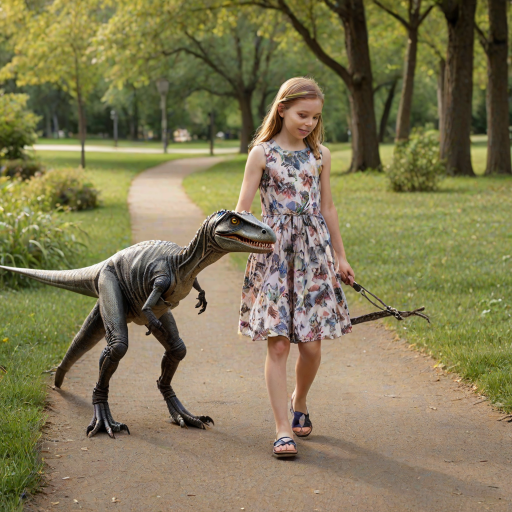 12 year old girl in a dress walking her pet Velociraptor on a leash through a park