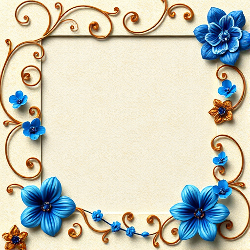 Create a floral-themed photo frame design with a textured background, featuring intricate swirls and vibrant blue flowers, in a well-lit setting, captured with a DSLR camera at f/4.5 aperture, 50mm lens, ISO 100, and a shallow depth of field for enhanced focus on decorative elements.