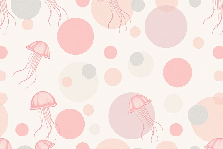 Generate a seamless pattern featuring abstract shapes like jellyfish and circles in pastel colors on a light background, using a Canon EOS 5D Mark IV with a 50mm lens at f/8, ISO 100, and a flat lay view to enhance image clarity and detail.