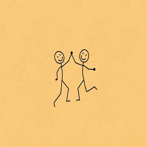 Create a high-resolution illustration of two stick figures dancing joyfully on a textured brown background, shot from a slightly elevated angle using a digital camera set to a 50mm lens, aperture f/2.8, ISO 100, and natural soft lighting for enhanced clarity and detail.