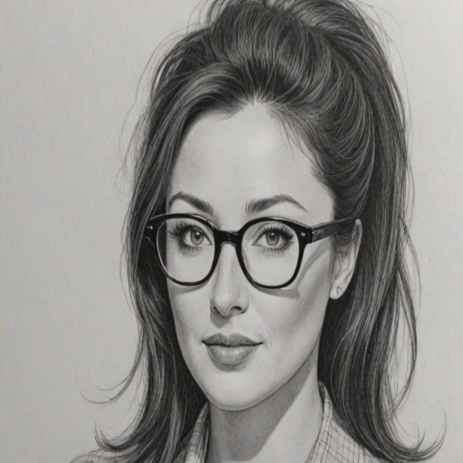 Beauteous Shannon Doherty, pencil sketch, portrait of Ravishing woman 1962s in glasses, hair style beatnik, outline, clear lines, fine lines, 8k