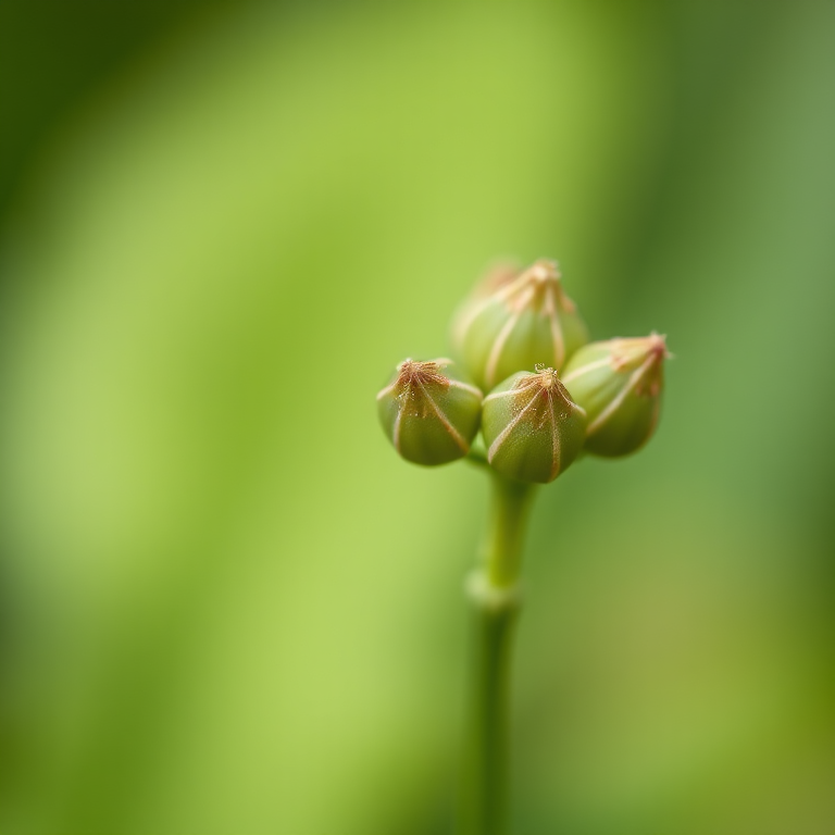 macro shot of plant buds on a blurred green background, f/2.8, 1/100s, ISO 200, 100mm lens, natural light, DSLR camera