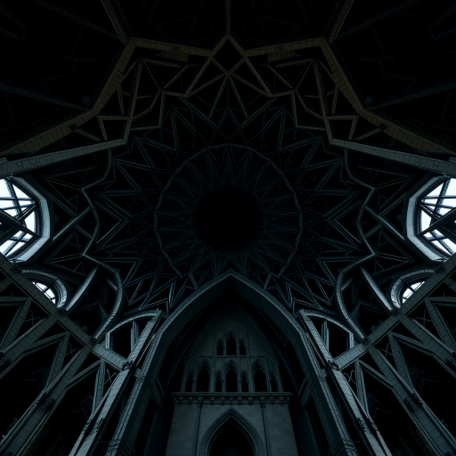 capture an intricate architectural structure featuring a dark, geometric design with symmetrical patterns, low light conditions with soft highlights, use a wide-angle lens at f/8, ISO 200, shutter speed 1/60s, taken from a low angle perspective with a DSLR camera to enhance image clarity and detail