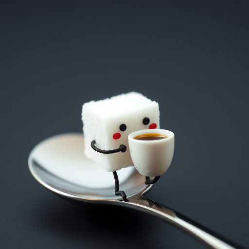 A sugar cube with a face and legs, sitting on a spoon and sipping a tiny cup of coffee.
