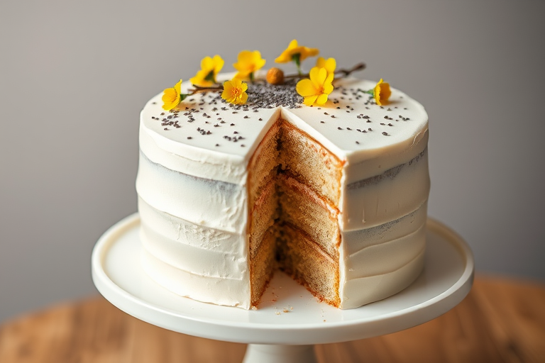 A three-layer cake with a smooth white frosting topped with small yellow flowers and poppy seeds with a slice cut out revealing the layers inside placed on a white pedestal plate.