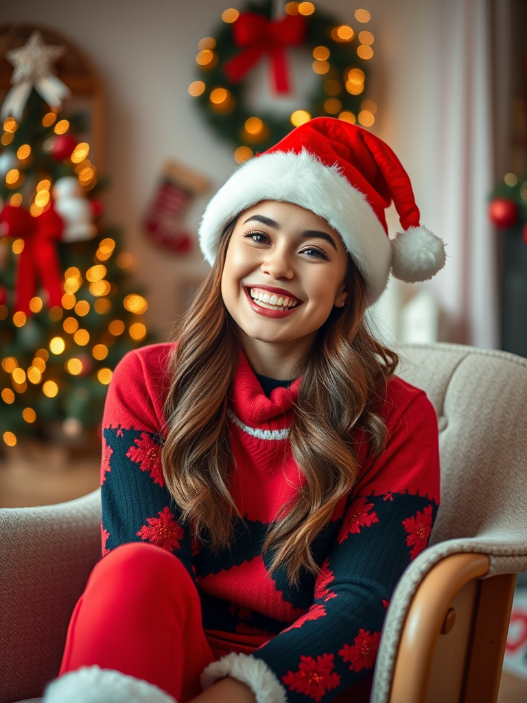 Capture a joyful model in a Santa hat and festive attire, sitting on a cozy chair with holiday decorations in the background, using a Canon EOS R5, 50mm lens, aperture f/1.8, ISO 100, and natural light to create a bright and cheerful atmosphere.