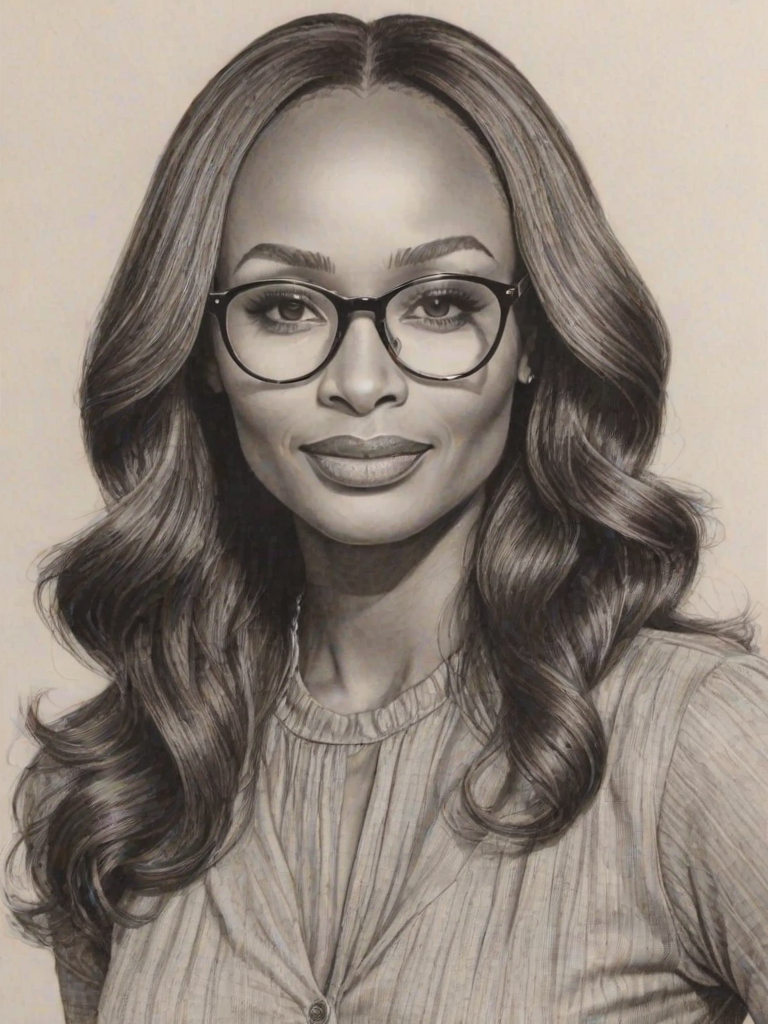 Delightful Cynthia Bailey, pencil sketch, portrait of Enchanting woman 1978s in glasses, hair style beatnik, outline, clear lines, fine lines, 8k
