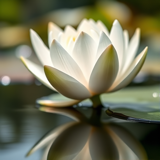 Capture a close-up of a white water lily blooming on a still pond, with soft bokeh in the background, using a DSLR camera with a 50mm f/1.8 lens, aperture set to f/2.8, ISO 100, shutter speed 1/2000s, natural light, and a low angle to enhance the flower's details and softness.