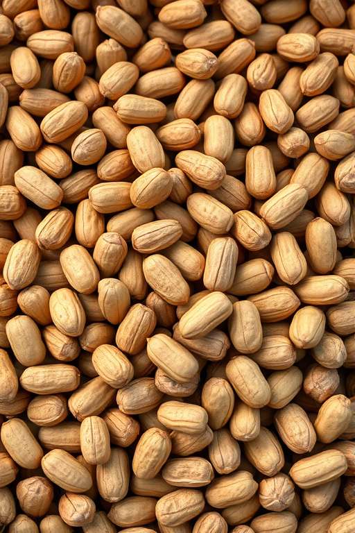 photograph of freshly harvested peanuts in their shells arranged in clusters, depth of field focus on the peanuts with blurred background, natural lighting, shot with a Canon EOS R6, 50mm lens, aperture f/2.8, ISO 200, shutter speed 1/250s, top-down view