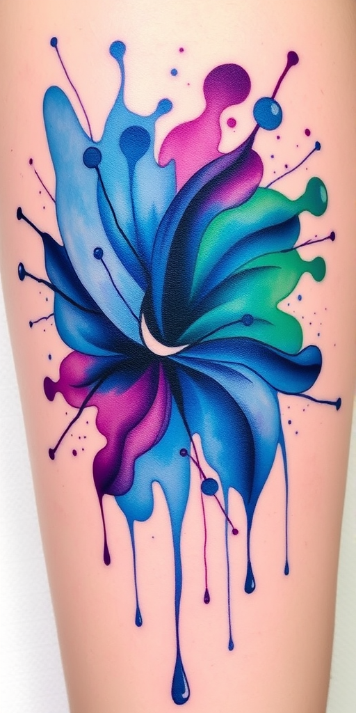 Vibrant watercolor splash tattoo named "Chromatic Cascade" featuring a dynamic burst of blues, purples, and greens swirling together in a fluid motion, with delicate splatters and drips extending outward, creating an abstract and expressive design that appears to flow across the skin like liquid art in motion