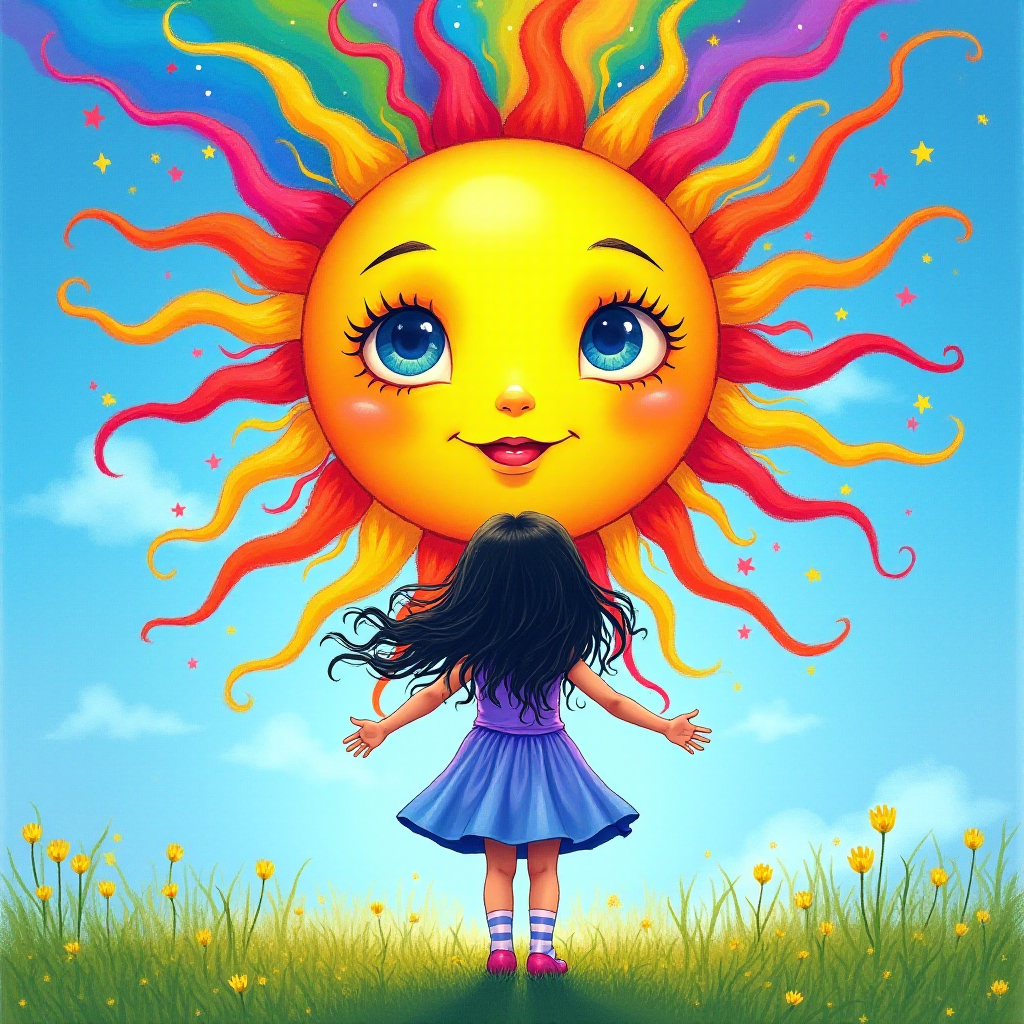 A depiction, in colorful paints, of a little girl, back to the viewer, short stripy socks, lilac and blue dress, arms outstretched, long black wavy hair being blown by the breeze, bight summer's day, up in the blue sky a giant colorful sun face, with pretty eyes, pink lips, colorful swirls, and rainbow colored flames shooting off in all directions